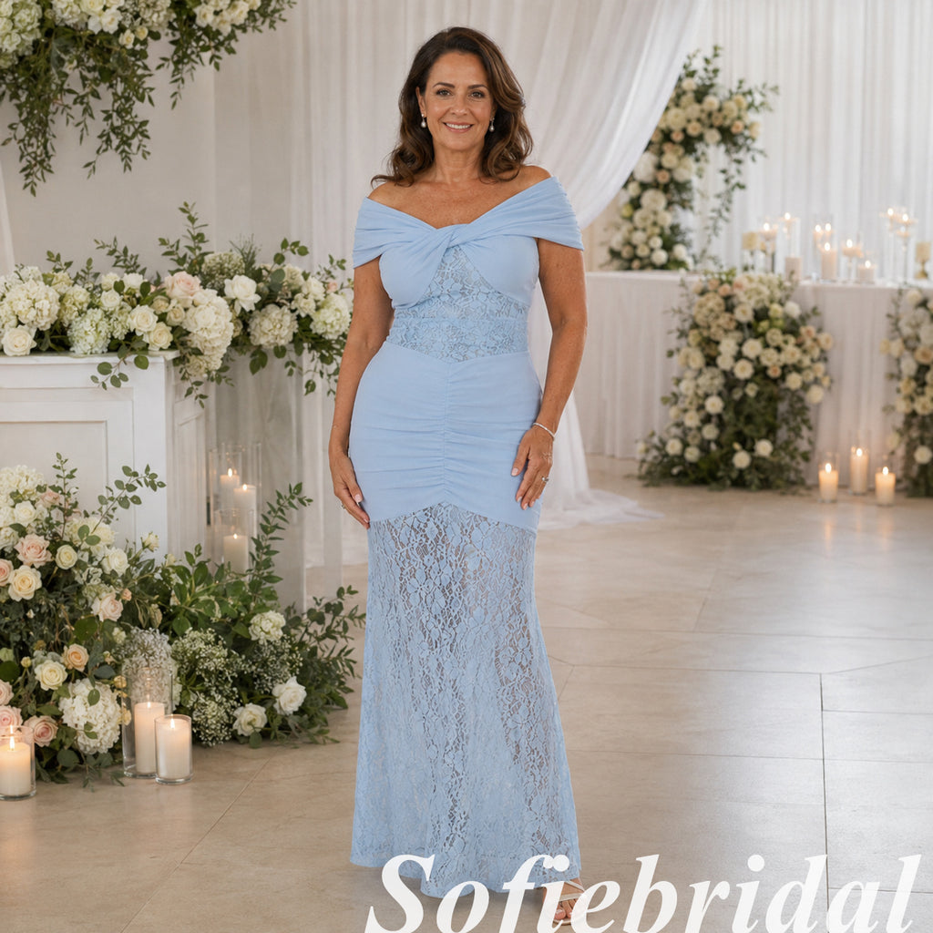 Romantic Pale Blue Chiffon Lace Fitted Formal Mother Of The Bride Gown, SFM020