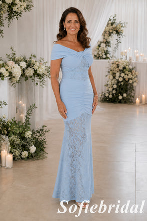 Romantic Pale Blue Chiffon Lace Fitted Formal Mother Of The Bride Gown, SFM020