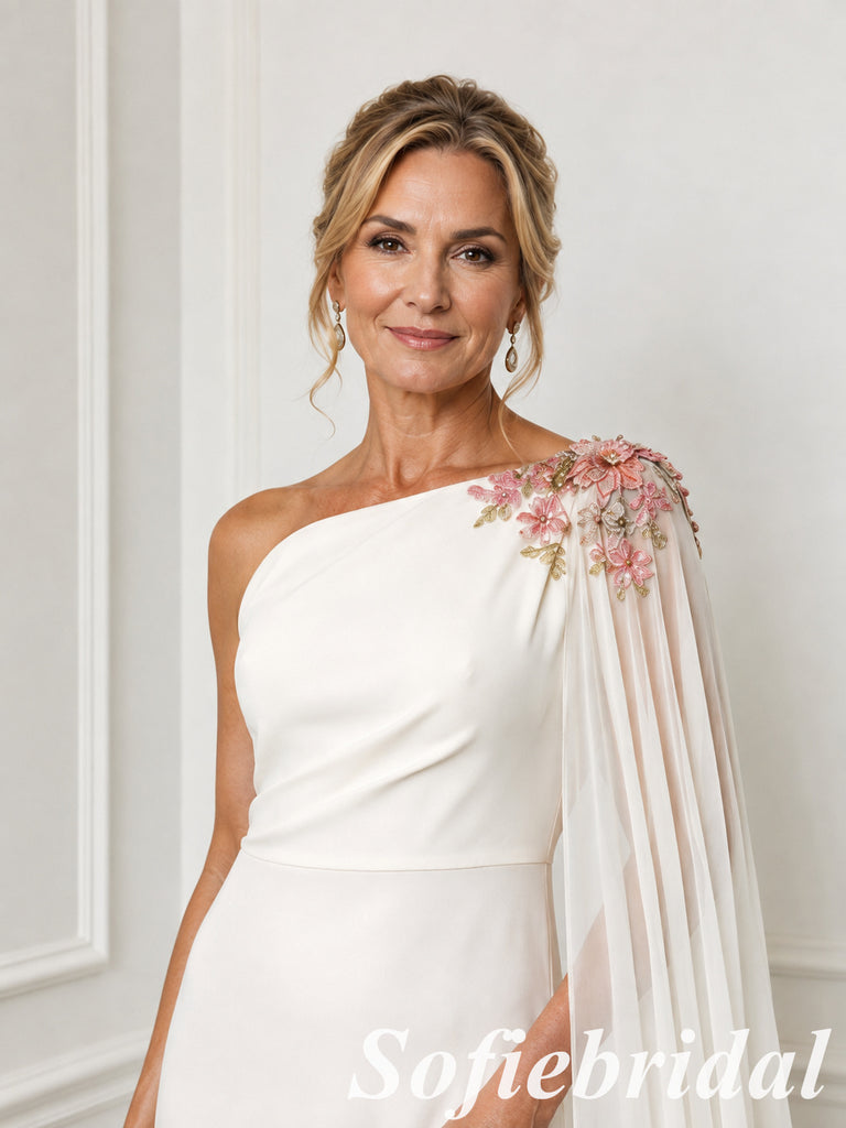 Ivory Crepe One Shoulder Mother Of The Bride Gown With Floral Chiffon Cape, SFM021
