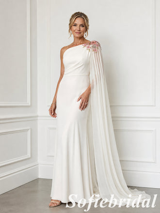 Ivory Crepe One Shoulder Mother Of The Bride Gown With Floral Chiffon Cape, SFM021