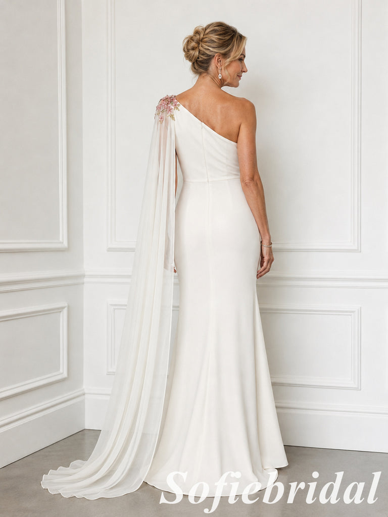 Ivory Crepe One Shoulder Mother Of The Bride Gown With Floral Chiffon Cape, SFM021