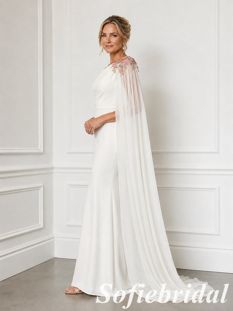 Ivory Crepe One Shoulder Mother Of The Bride Gown With Floral Chiffon Cape, SFM021