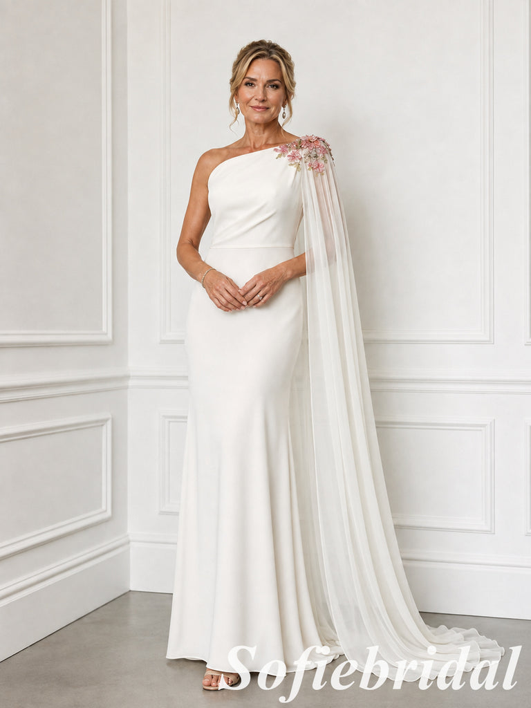 Ivory Crepe One Shoulder Mother Of The Bride Gown With Floral Chiffon Cape, SFM021