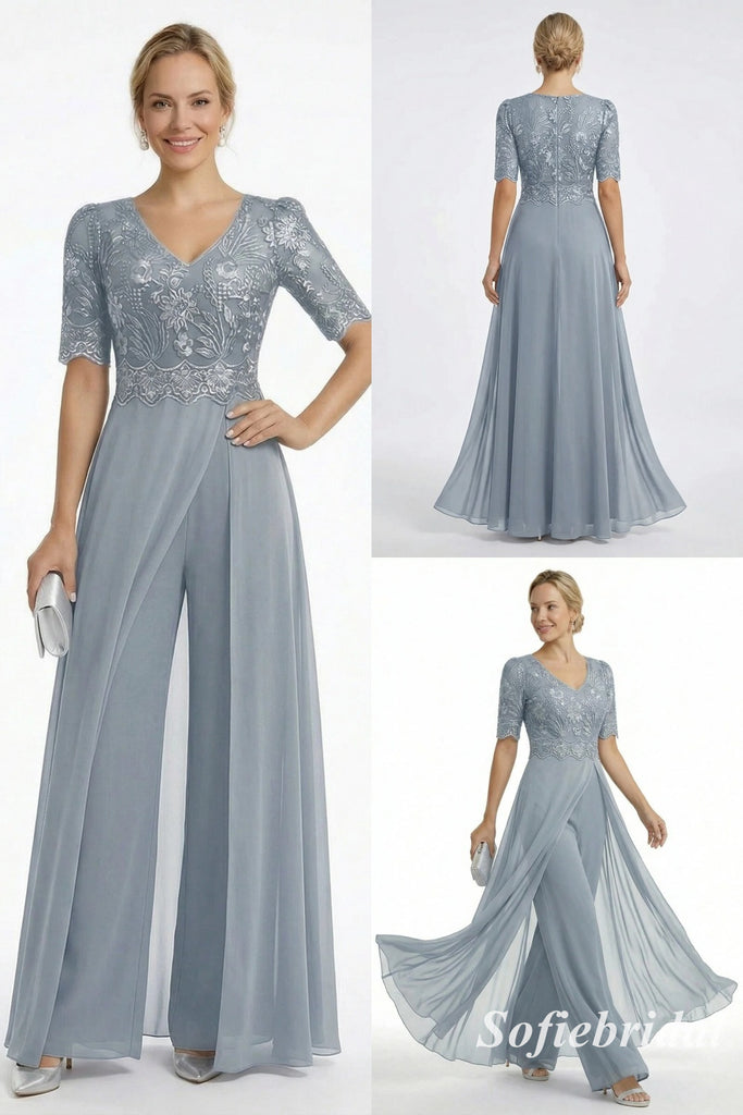 Dusty Blue Lace Chiffon Jumpsuit Formal Dress, Elegant V-Neck Mother of the Bride Gown with Sleeves, SFM013