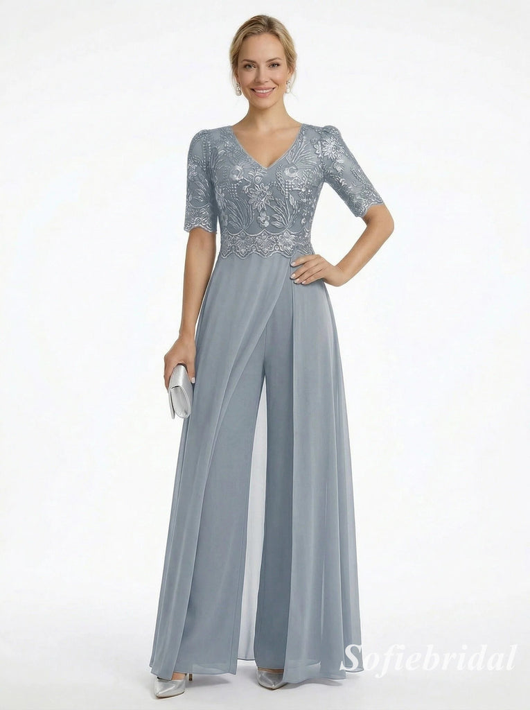 Dusty Blue Lace Chiffon Jumpsuit Formal Dress, Elegant V-Neck Mother of the Bride Gown with Sleeves, SFM013