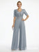 Dusty Blue Lace Chiffon Jumpsuit Formal Dress, Elegant V-Neck Mother of the Bride Gown with Sleeves, SFM013