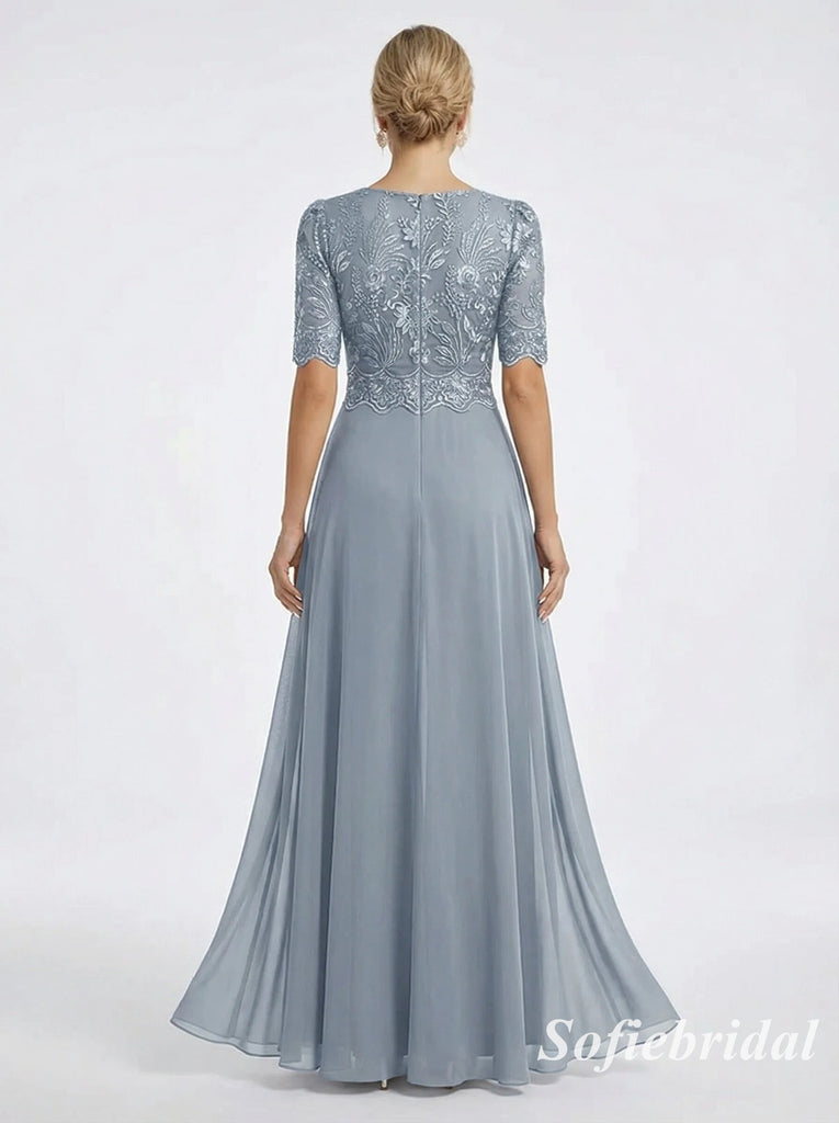 Dusty Blue Lace Chiffon Jumpsuit Formal Dress, Elegant V-Neck Mother of the Bride Gown with Sleeves, SFM013