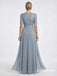 Dusty Blue Lace Chiffon Jumpsuit Formal Dress, Elegant V-Neck Mother of the Bride Gown with Sleeves, SFM013