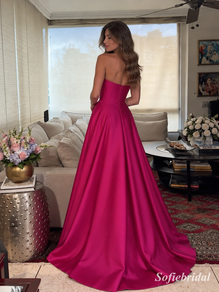 Fuchsia Satin Strapless Sweetheart A-Line Gown With Structured Corset Bodice & Simple Flowy Skirt, PD13878