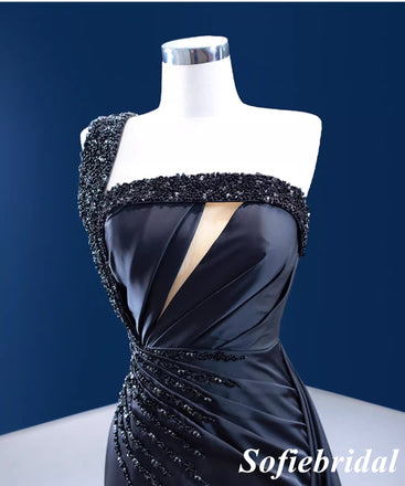 Sexy Black Soft Satin One Shoulder Sleeveless Side Slit Mermaid Long Dress Prom Dress With Beading, PD01119