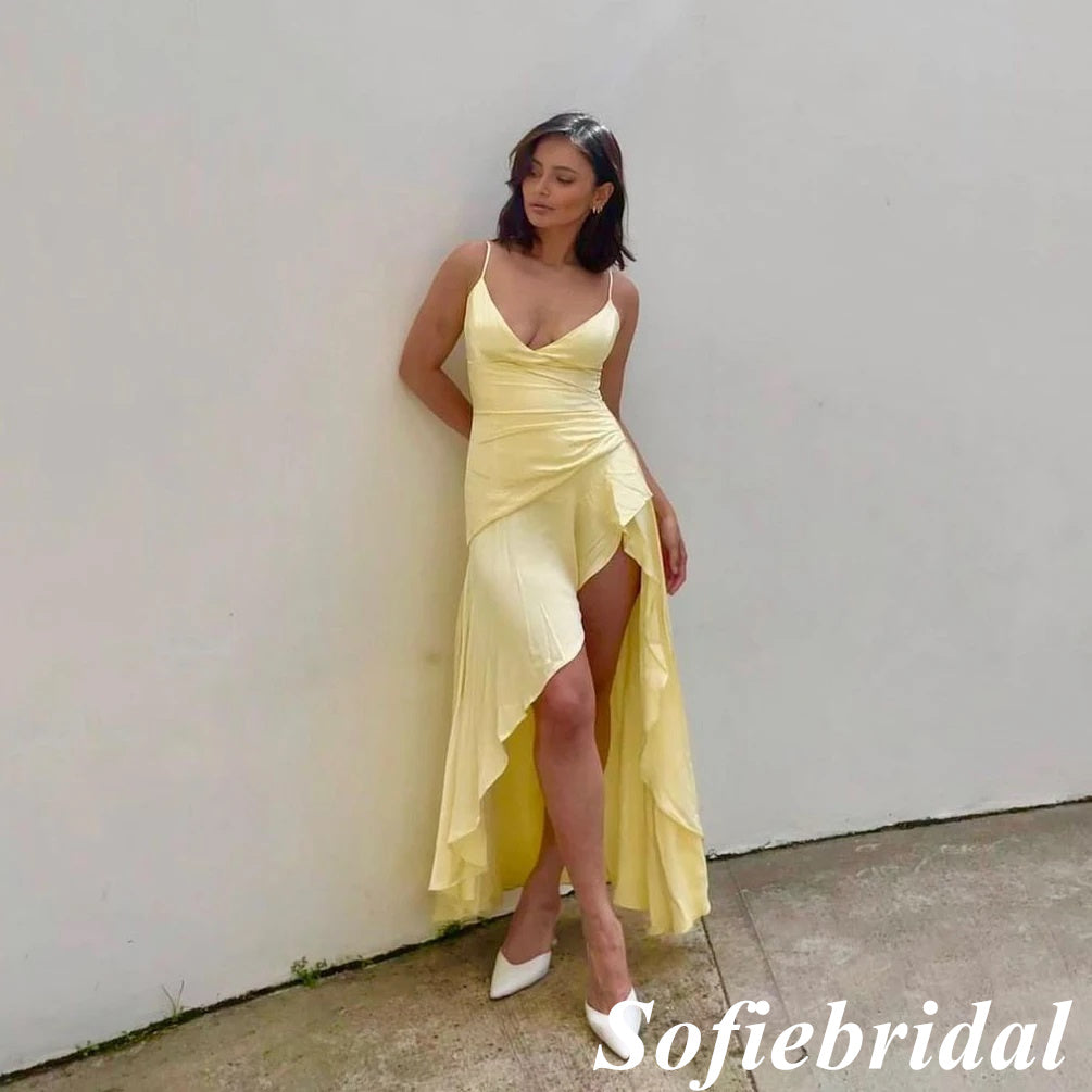 Sexy Yellow Soft Satin Spaghetti Straps V-Neck Sleeveless Side Slit A-Line Floor Length Prom Dress With Ruffle, PD01082