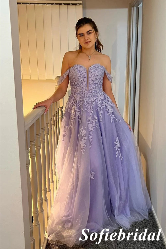 Elegant Tulle And Lace Off Shoulder Sleeveless A-Line Maxi Prom Dress, PD01133