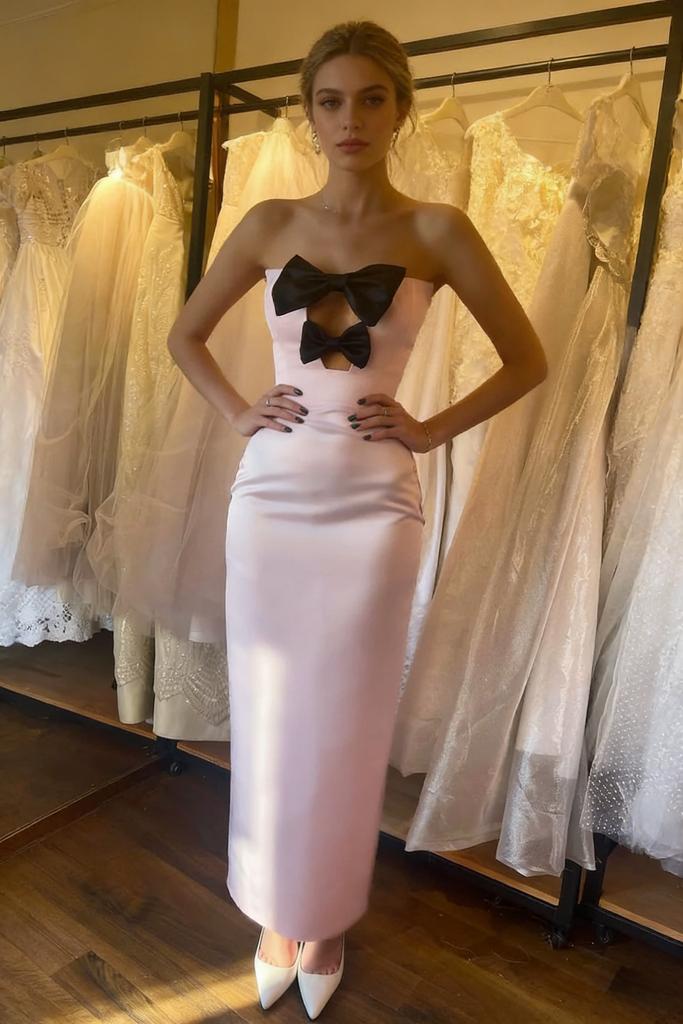 Pink Satin Strapless Bow Detail Midi Cocktail Dress, PD01200