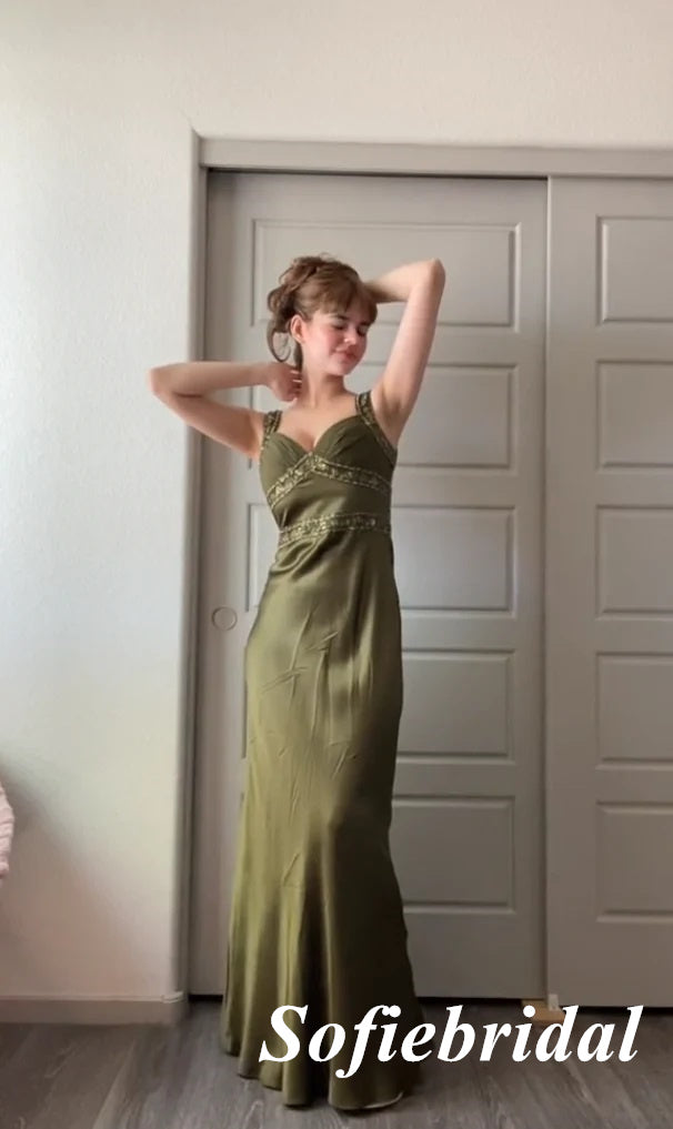 Sexy Soft Satin Spaghetti Straps V-Neck Sleeveless Mermaid Floor Length Prom Dress With Applique, PD01068