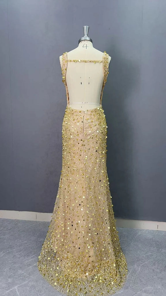 Shiny Gold Sequin Beaded Mermaid Prom Dress with Slit and Open Back, PD01211