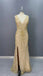 Shiny Gold Sequin Beaded Mermaid Prom Dress with Slit and Open Back, PD01211