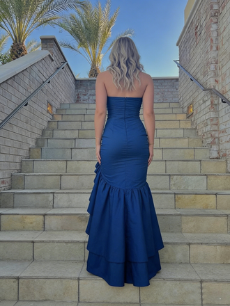 Navy Blue Strapless Ruffled Mermaid Gown, High-Slit Formal Evening Dress, PD01215