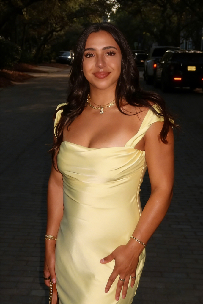 Buttery Yellow Soft Satin Square Neck Midi Dress Elegant Prom Dress, PD01217