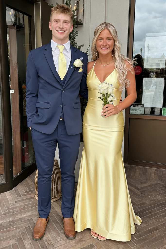 Butter Yellow Satin Spaghetti Strap Mermaid Evening Gown with Open Back, PD01224