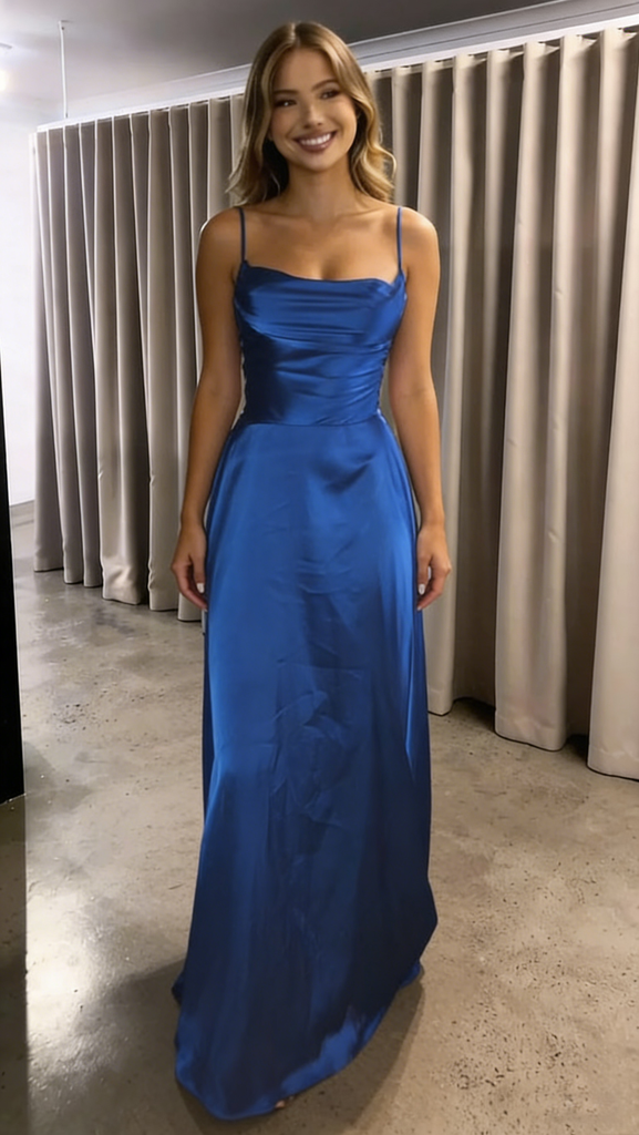 Royal Blue Satin Spaghetti Strap Evening Gown with Open Back, PD01226