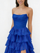 Royal Blue Strapless Ruched Tiered Ruffle Gown with High Slit for Prom & Formal Events, PD01228