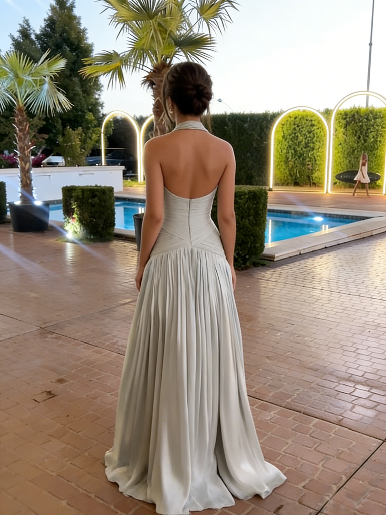 Sexy Steel- Grey Halter Ruched Waist A-Line Flowy Formal Gown | Prom & Gala Dress, PD01230