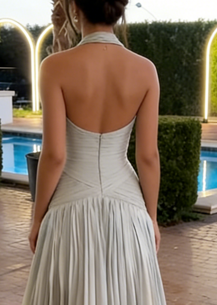 Sexy Steel- Grey Halter Ruched Waist A-Line Flowy Formal Gown | Prom & Gala Dress, PD01230