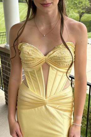 Bright Yellow Soft Satin Strapless Corset High Slit Formal Gown | Prom & Party Dress, PD01231
