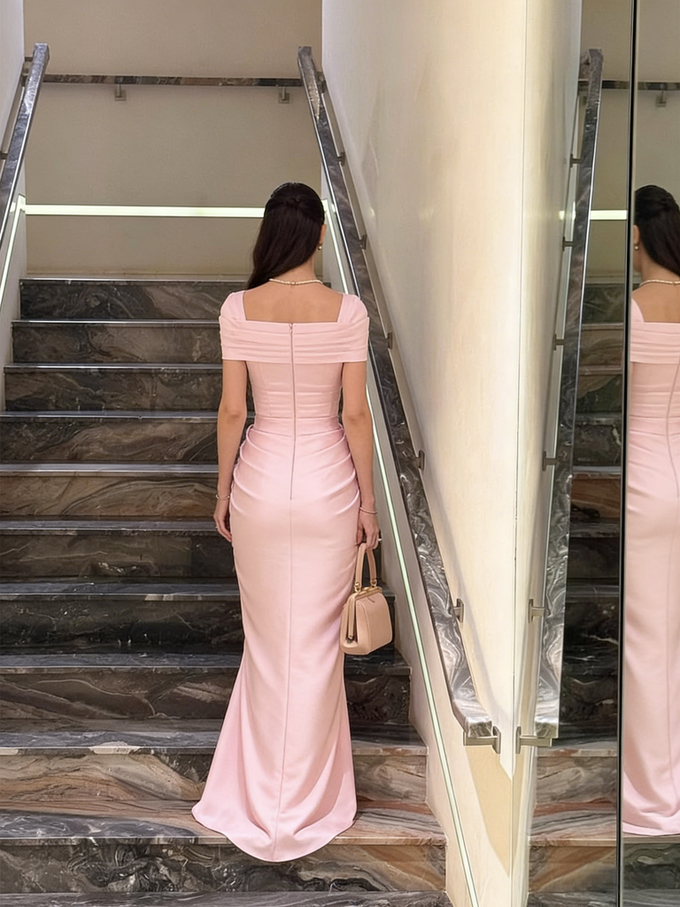 Blush Pink Square Neck Ruched Waist Mermaid Dress - Elegant Formal Evening Gown, PD01234