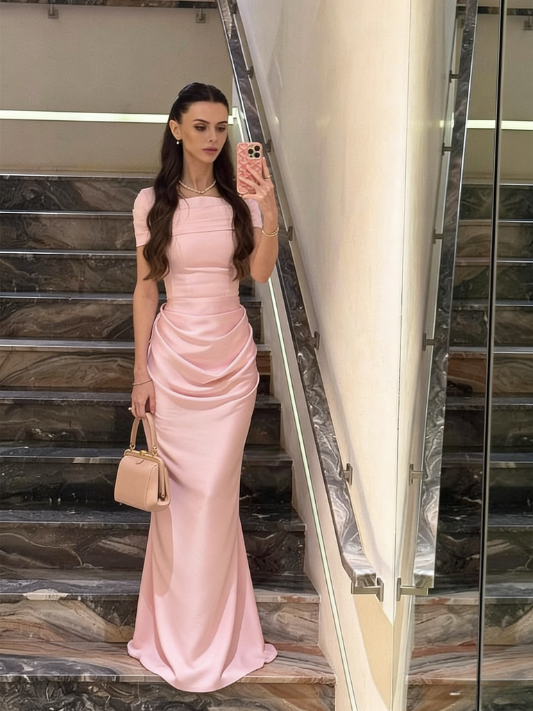 Blush Pink Square Neck Ruched Waist Mermaid Dress - Elegant Formal Evening Gown, PD01234