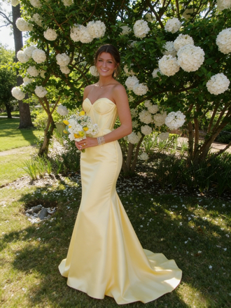 Bright Yellow Satin Strapless Corset Mermaid Formal Gown | Prom & Party Dress, PD01232