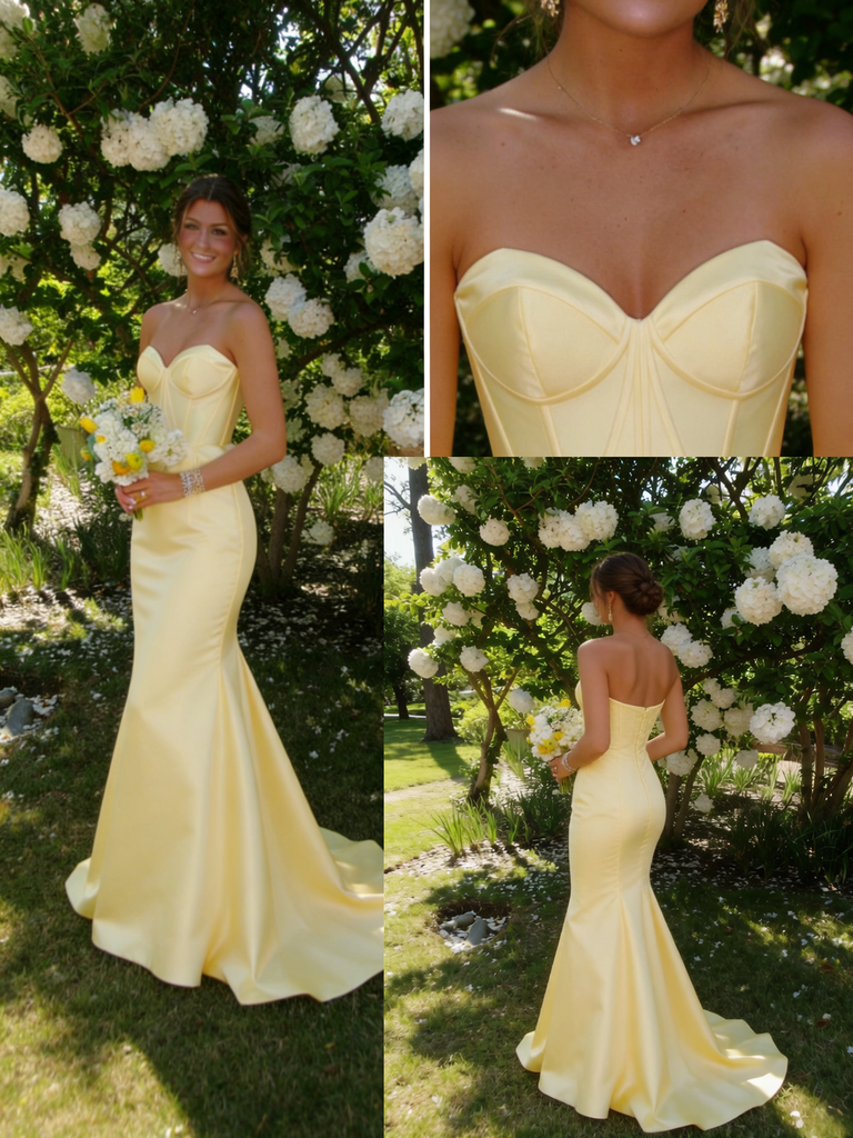 Bright Yellow Satin Strapless Corset Mermaid Formal Gown | Prom & Party Dress, PD01232