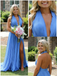 Flowy Sky Blue Halter Pleated Chiffon Dress | High Slit Backless Formal Evening Gown, PD01237