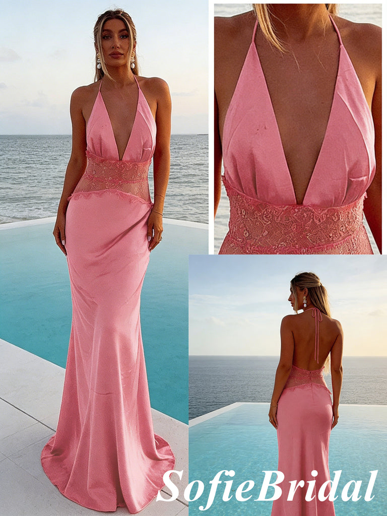 Elegant Pink Soft Satin Halter Sheer Lace Waist Mermaid Maxi Dress for Formal Event, PD01250