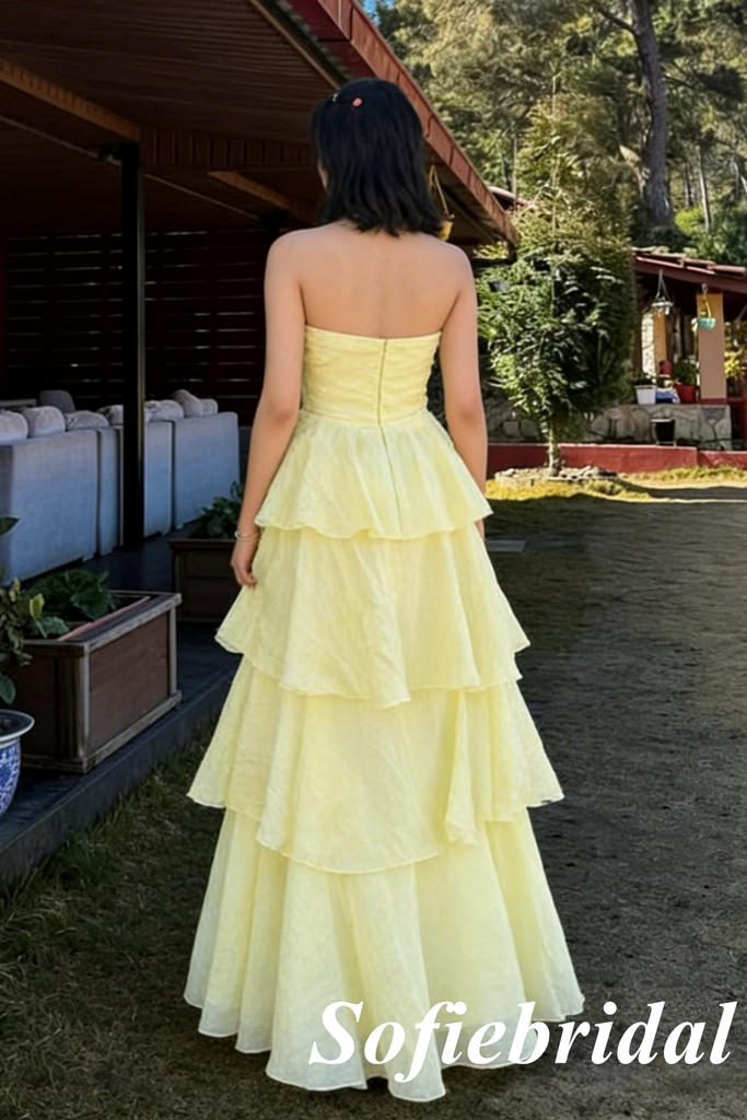 Butter Yellow Chiffon Strapless Ruffle Tiered Maxi Dress – Flowy Bridesmaid & Graduation Gown, PD01253