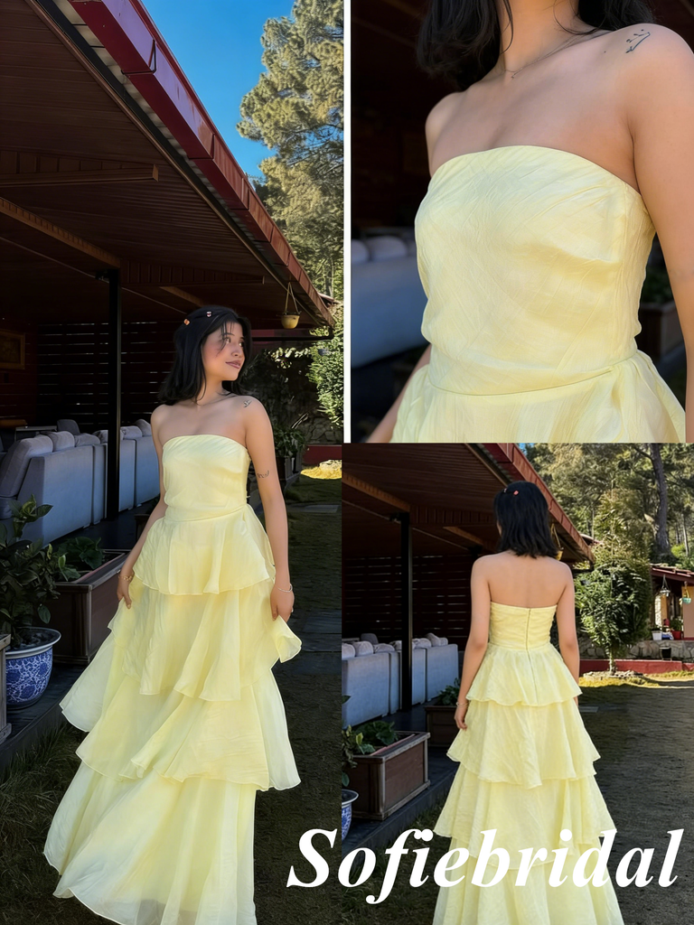 Butter Yellow Chiffon Strapless Ruffle Tiered Maxi Dress – Flowy Bridesmaid & Graduation Gown, PD01253