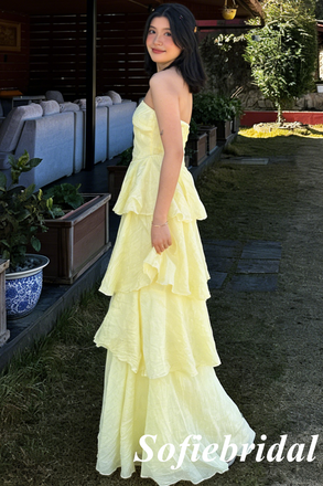 Butter Yellow Chiffon Strapless Ruffle Tiered Maxi Dress – Flowy Bridesmaid & Graduation Gown, PD01253