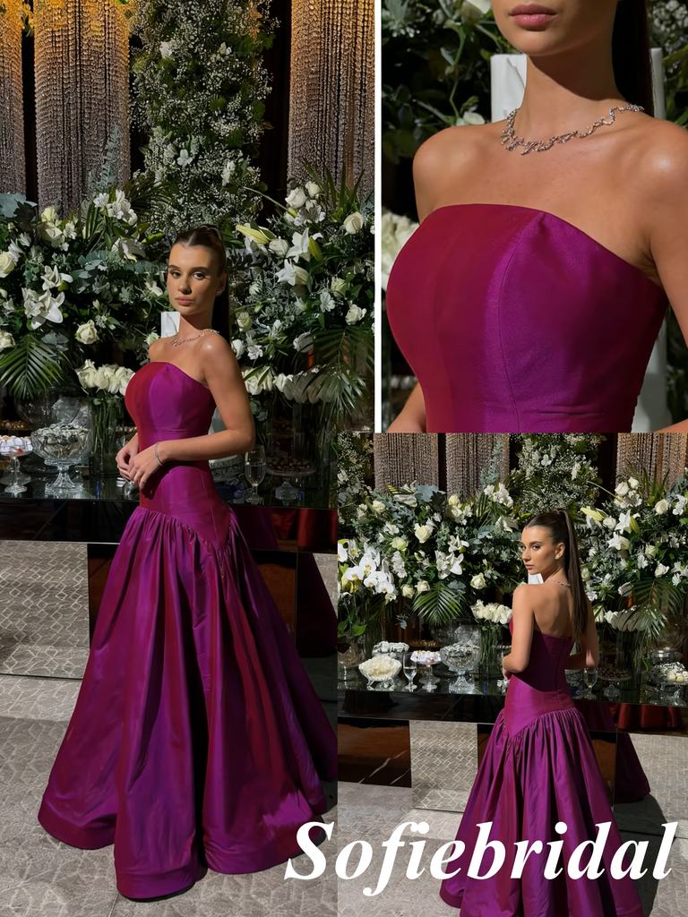 Magenta Purple Strapless Satin Gown with Gathered Skirt Glamorous Evening Party Dress, PD01252