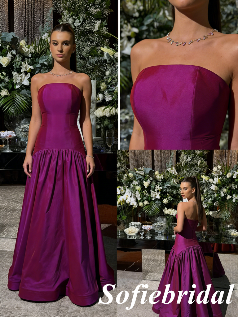 Magenta Purple Strapless Satin Gown with Gathered Skirt Glamorous Evening Party Dress, PD01252