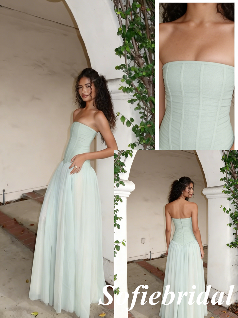 Mint Green Strapless Tulle Maxi Dress with Slit – Boho Bridesmaid & Prom Gown, PD01254
