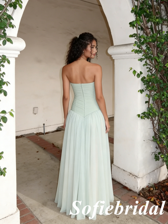 Mint Green Strapless Tulle Maxi Dress with Slit – Boho Bridesmaid & Prom Gown, PD01254