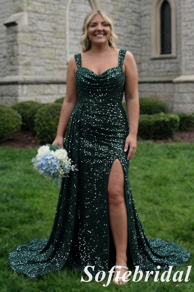 Sparkly Emerald Green Sequin Mermaid Slit Formal Evening Gown Spaghetti Straps Party Dress, PD01263