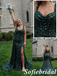 Sparkly Emerald Green Sequin Mermaid Slit Formal Evening Gown Spaghetti Straps Party Dress, PD01263