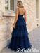 Elegant Navy Blue V-Neck Tiered Tulle Formal Evening Gown Spaghetti Straps A-Line Party Dress, PD01265