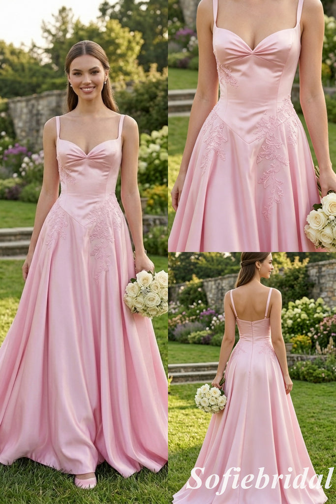 Romantic Blush Pink Satin Spaghetti Strap Lace A-Line Formal Gown, PD01269