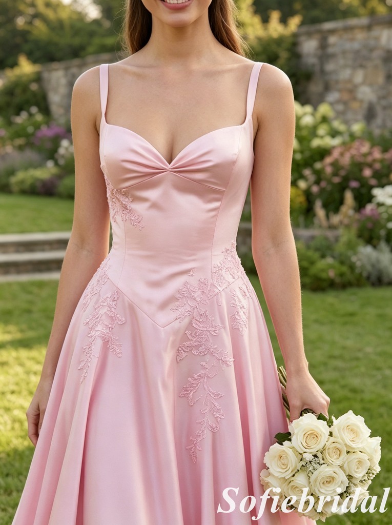Romantic Blush Pink Satin Spaghetti Strap Lace A-Line Formal Gown, PD01269