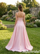 Romantic Blush Pink Satin Spaghetti Strap Lace A-Line Formal Gown, PD01269