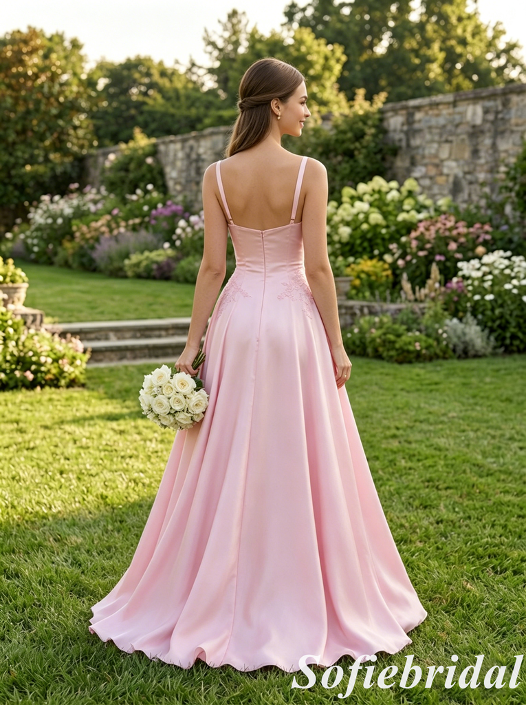 Romantic Blush Pink Satin Spaghetti Strap Lace A-Line Formal Gown, PD01269