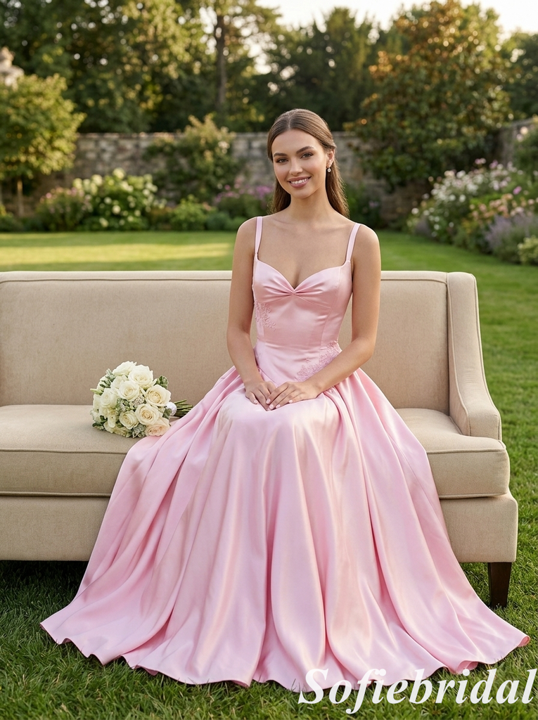 Romantic Blush Pink Satin Spaghetti Strap Lace A-Line Formal Gown, PD01269