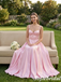 Romantic Blush Pink Satin Spaghetti Strap Lace A-Line Formal Gown, PD01269